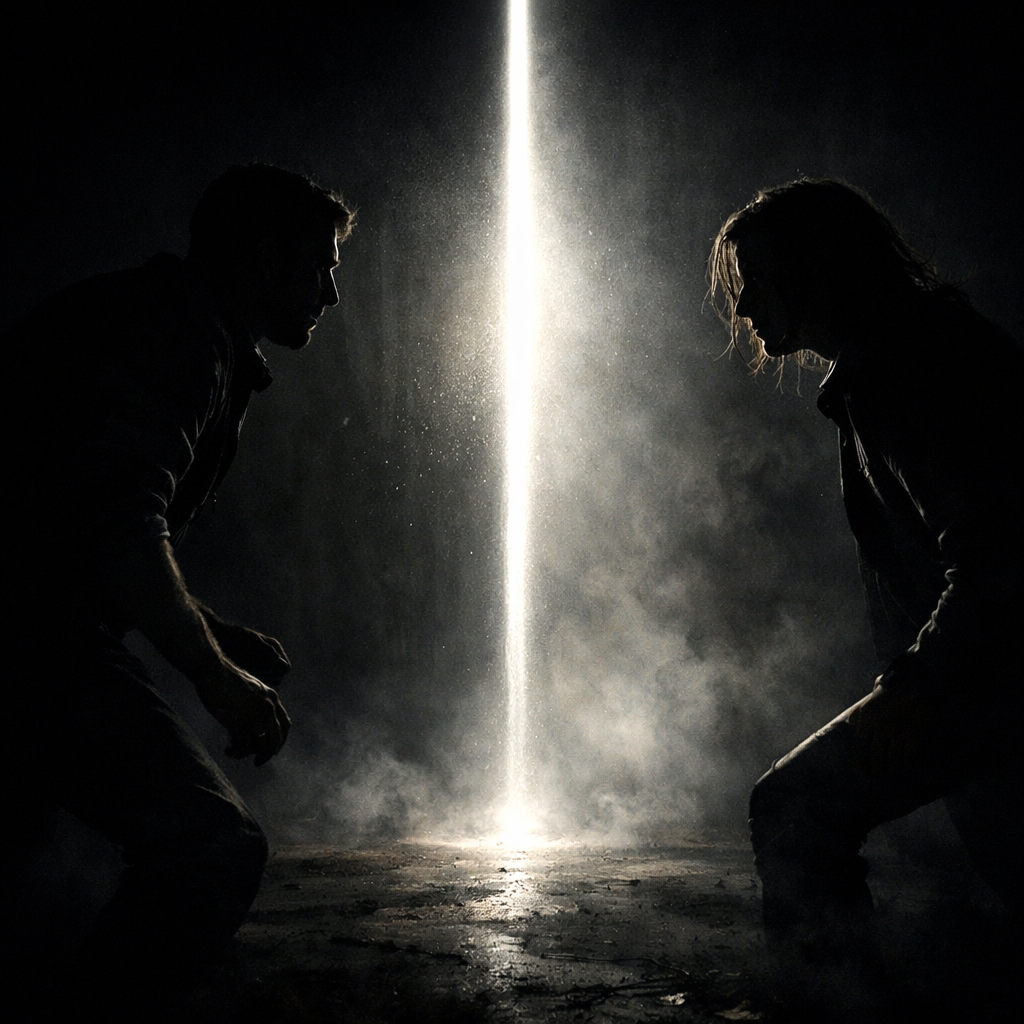 Two people crouching facing a bright vertical light with smoke around them in darkness